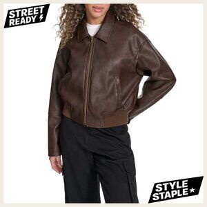 Faux Leather Bomber Jacket Long Sleeve Adjustable Cuffs